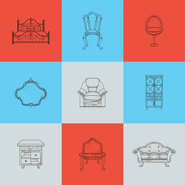 Set of nine illustrations furniture for home. — Stockový vektor