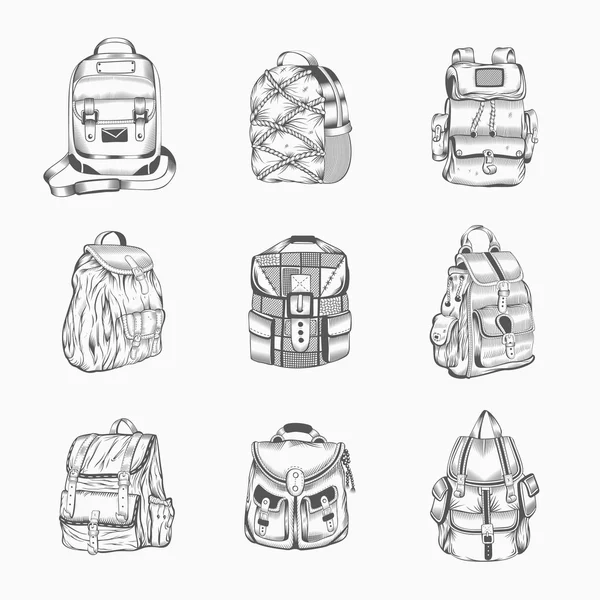 Set de diferentes mochilas de senderismo . — Archivo Imágenes Vectoriales