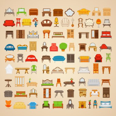 Set of eighty six illustrations furniture for home. clipart