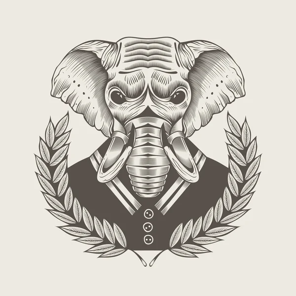 Illustratie van de olifant, omlijst door laurel takken op witte achtergrond. — Stockvector