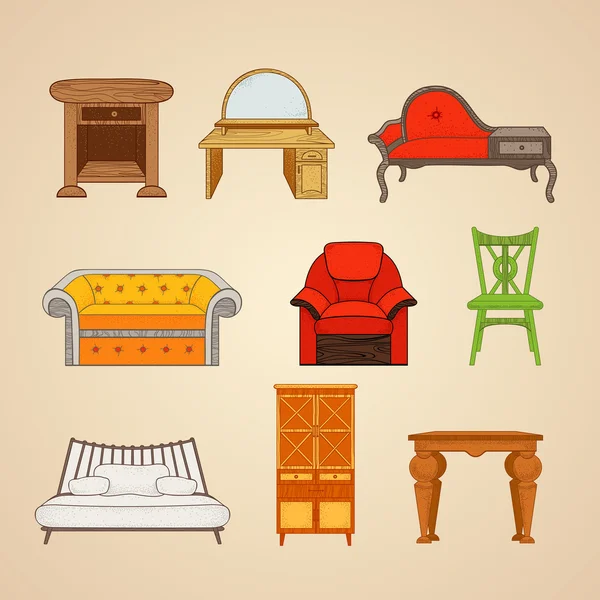 Set of illustrations of home furnishings. — Stockový vektor