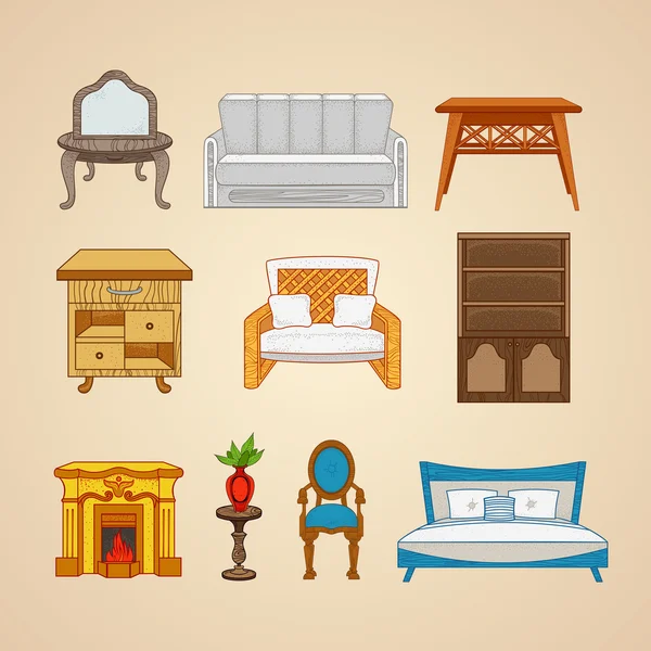 Set of ten illustrations furniture for home. — Stock vektor