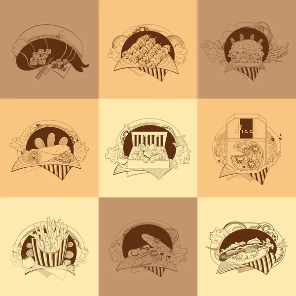 Set of nine fast-food illustrations. — Stock Vector