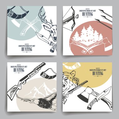 Tasarım şablonu broşür veya el ilanları. Silah, hayvanları ve av ekipman simgeler. 