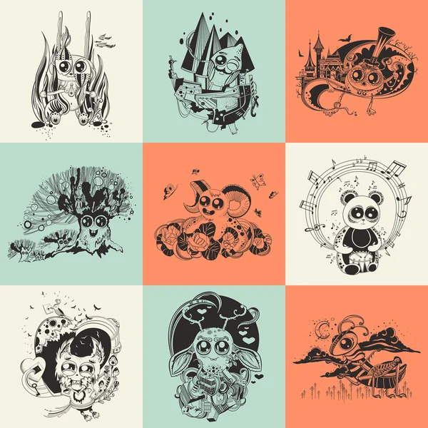 Conjunto de nueve ilustraciones con dibujos animados de criaturas fantásticas dibujadas a mano . — Archivo Imágenes Vectoriales