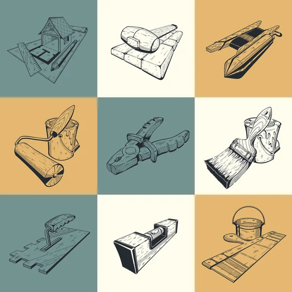 Set di nove illustrazioni con strumenti di costruzione . — Vettoriale Stock