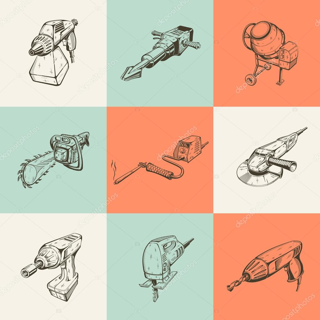 Set of nine illustrations with building tools.