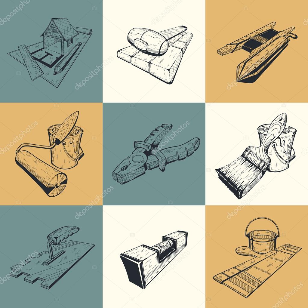 Set of nine illustrations with building tools.