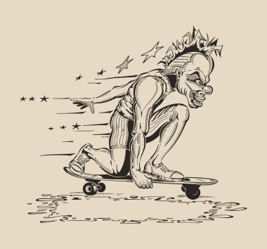 Image of Man in mask of clown to perform tricks on a skateboard. clipart