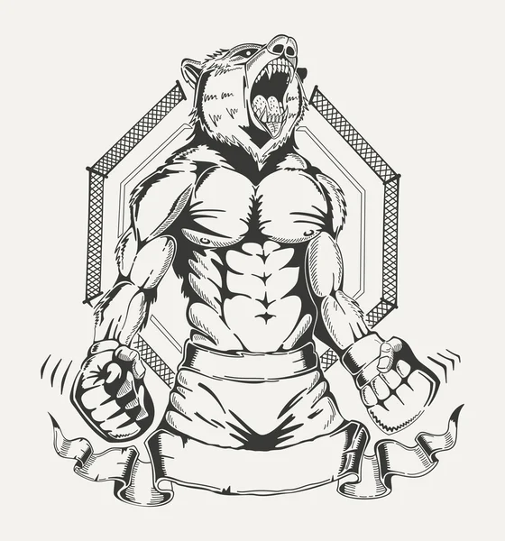 Imagem de um lutador com o corpo humano e a cabeça de lobos zangados . — Vetor de Stock