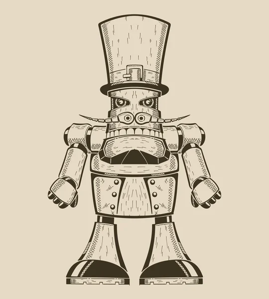 Image de dessin animé amusant robot métallique avec moustache dans le chapeau-cylindre . — Image vectorielle