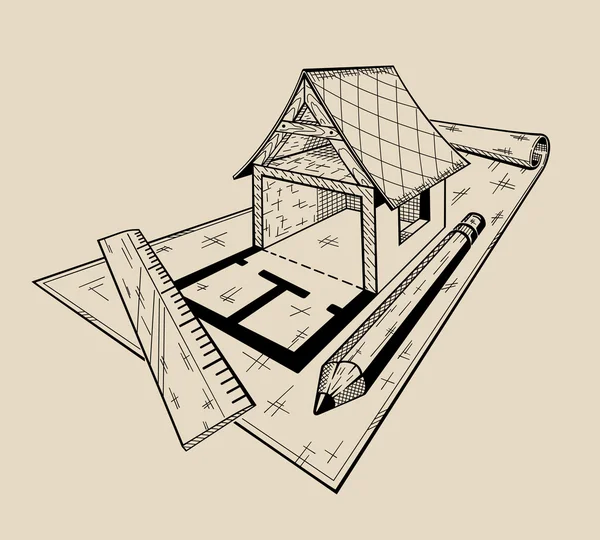 É ilustração monocromática da casa arquitetônica de disposição  . — Vetor de Stock