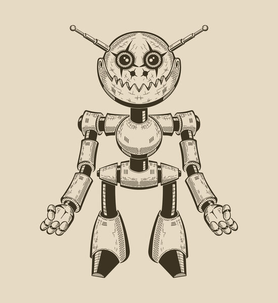 Image of a cartoon fun metal robot with antennas. Vector illustration.