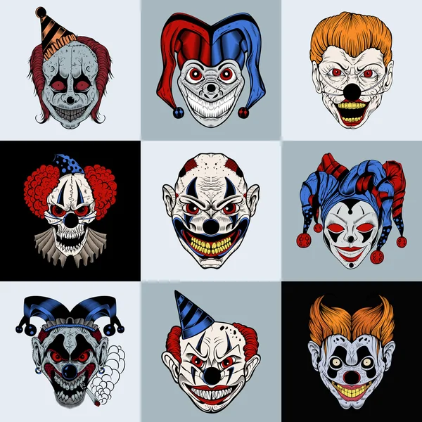 Set von neun Bildern mit gemalten fantastischen gruseligen Clown. Vektorgrafiken