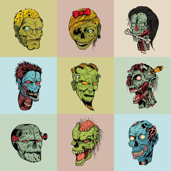 Set of nine drawn image with the zombie. — Stock Vector