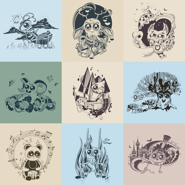 Ensemble d'images avec des créatures fantastiques peintes dessin animé . — Image vectorielle