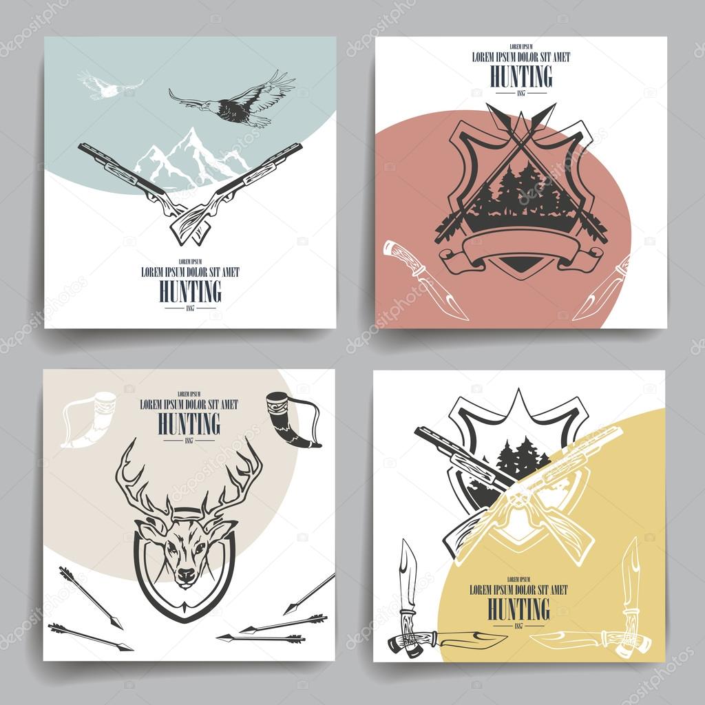 Brochure or flyers design. Weapons, animals and hunting equipment icons.