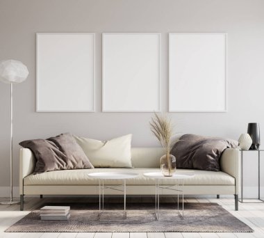 Poster çerçevesi, oturma odası, İskandinav tarzı, 3 boyutlu çizim, 3 boyutlu illüstrasyon