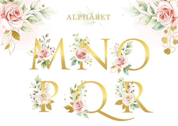 Aquarel Bloem Alfabet Set Met Gouden Bladeren — Stockvector