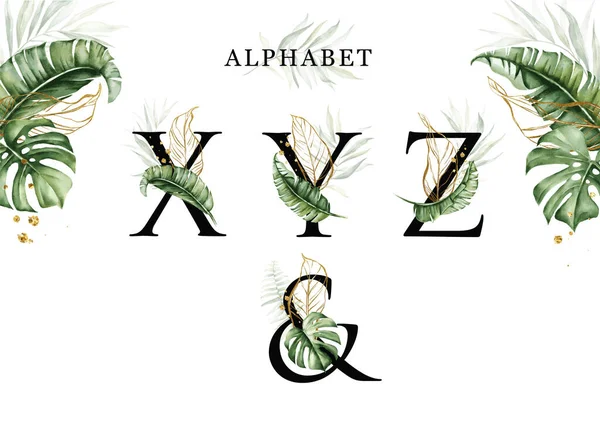 Alphabet Set Tropical Leaves Watercolor Gold Leaves 아이덴티티등을 — 스톡 벡터