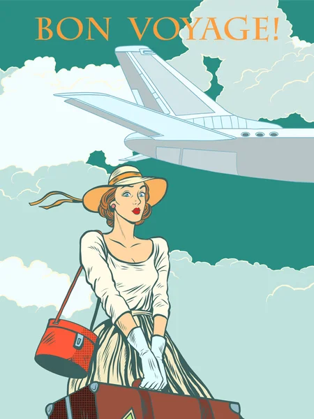 Chica avión de pasajeros Bon viaje — Vector de stock