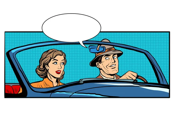 Pareja hombre y mujer en coche descapotable — Vector de stock