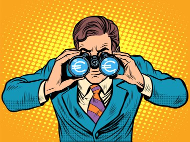 Financial monitoring of currency Euro businessman binoculars clipart