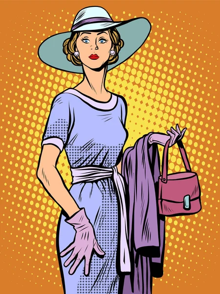 Κομψή κυρία στο όμορφο φόρεμα και καπέλο — Διανυσματικό Αρχείο