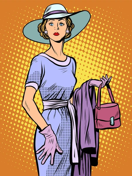 Elegante dama en hermoso vestido y sombrero — Vector de stock