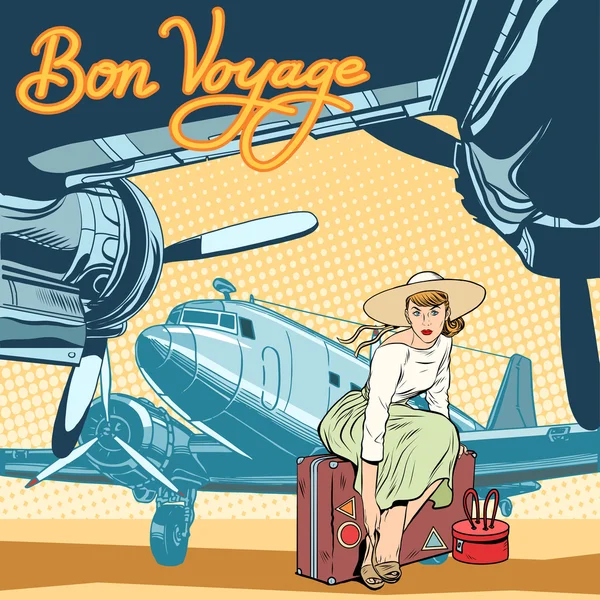 Bon voyage красивая девушка на взлетной полосе — стоковый вектор
