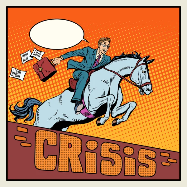 Zakenman op een paard springen barrière crisis — Stockvector