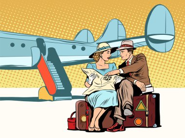 Tourists couple looking at the map, after landing clipart