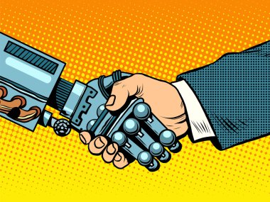 Handshake of robot and man. New technologies evolution clipart