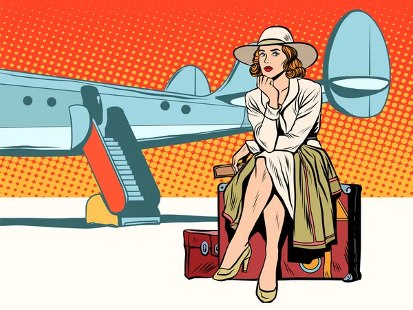 Tourist girl sitting on a suitcase, travelling by plane — Stock Vector