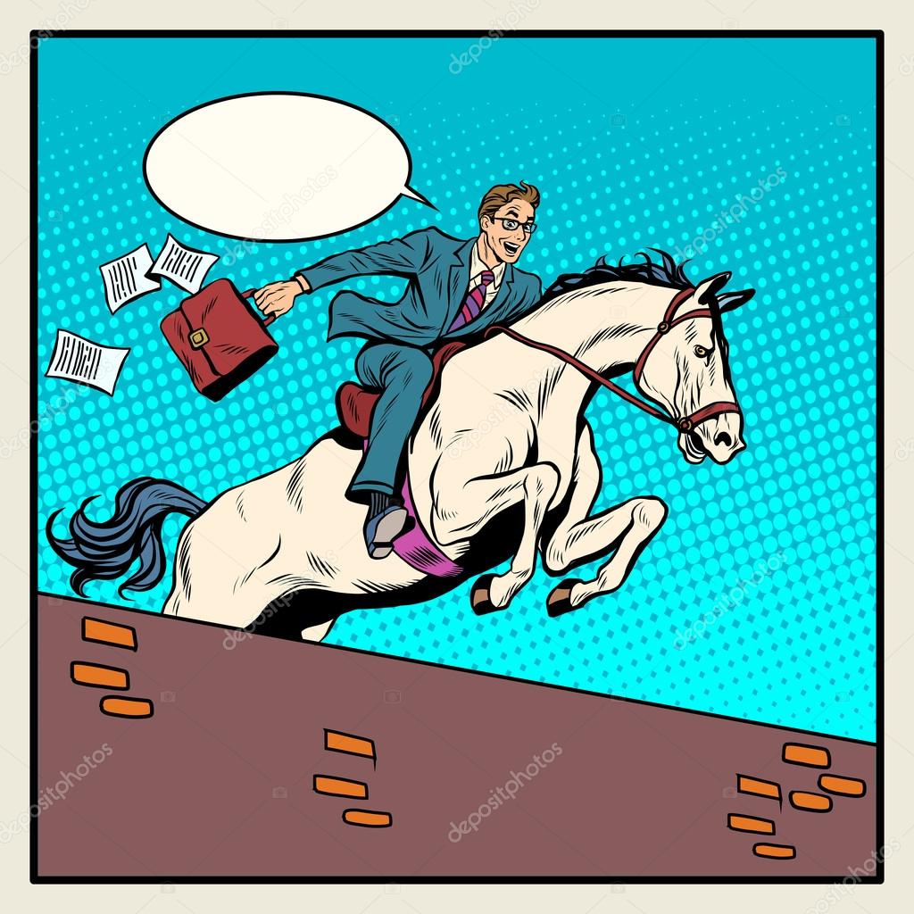 Businessman horseman on horse jumps over barrier