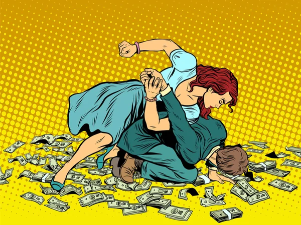 Mulher bate homem na luta pelo dinheiro — Vetor de Stock