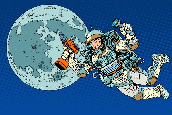 Астронавт с дрелью и фонариком на Луне — стоковый вектор