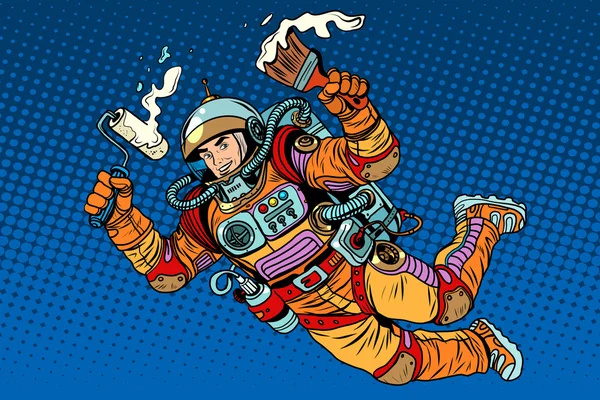 Astronauta con pintura hace la reparación — Vector de stock