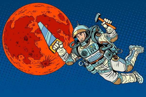 Astronaut with tools for building a colony on Mars — Stock Vector