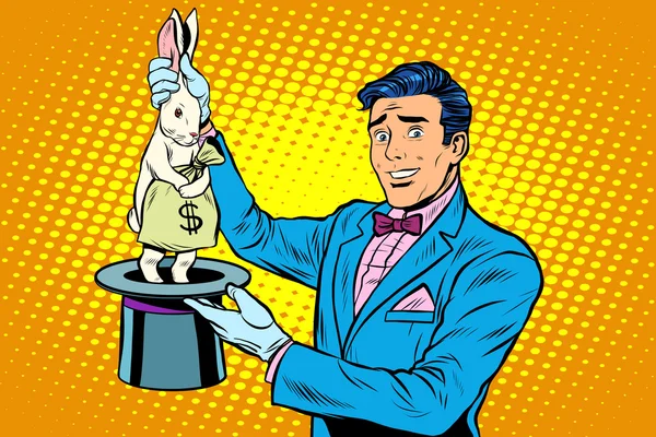 Zakenman goochelaar en konijn geld — Stockvector