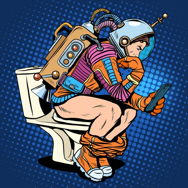 Astronaut thinker on the toilet reading a smartphone — Stock Vector