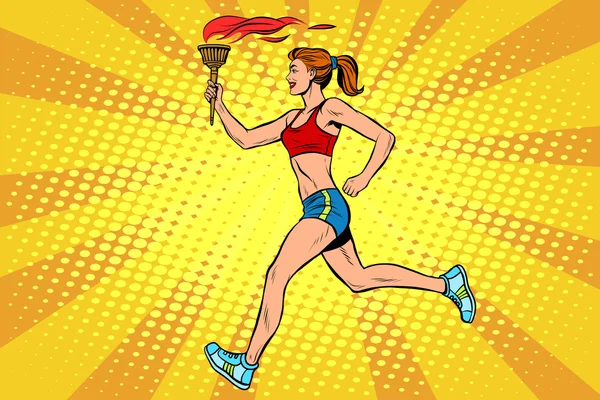 Το κορίτσι αθλητής λαμπαδηδρόμος Αθλητικό καλοκαίρι Αγώνες φωτιά — Διανυσματικό Αρχείο