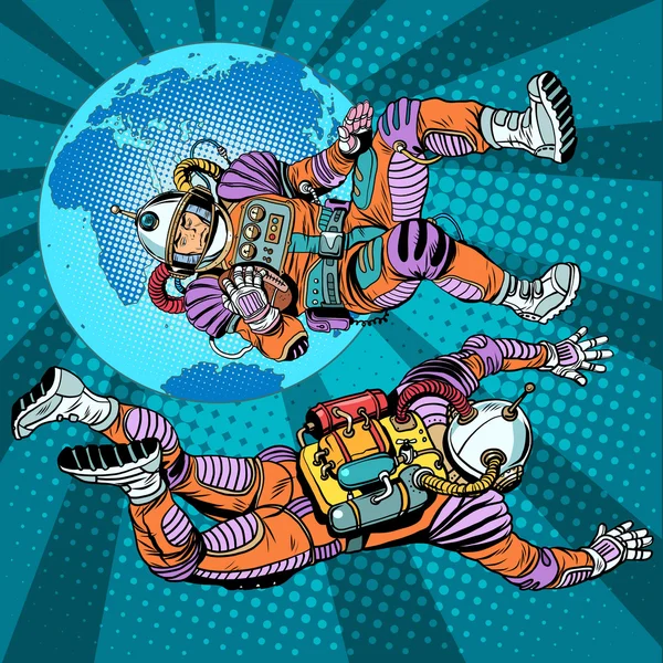 Weightlessness astronauts in space over the earth — Stock Vector