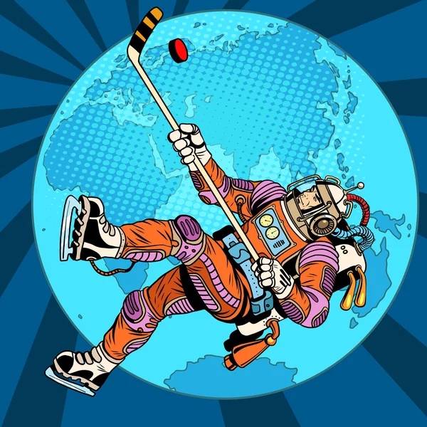 Astronaut speelt hockey over planeet aarde — Stockvector