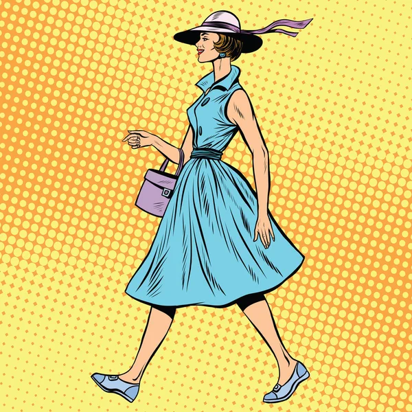 Señora retro en vestido de verano y sombrero — Vector de stock