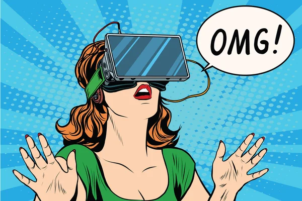 OMG emociones de la realidad virtual chica retro — Archivo Imágenes Vectoriales