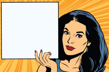 Woman holding blank poster pop art vector