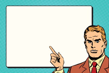 Adam beyaz bir arka plan levha retro pop art işaret