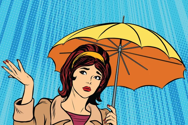 Beautiful sad girl in rain with umbrella, bad weather — Stock Vector