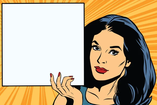 Woman holding blank poster pop art vector — Stok Vektör